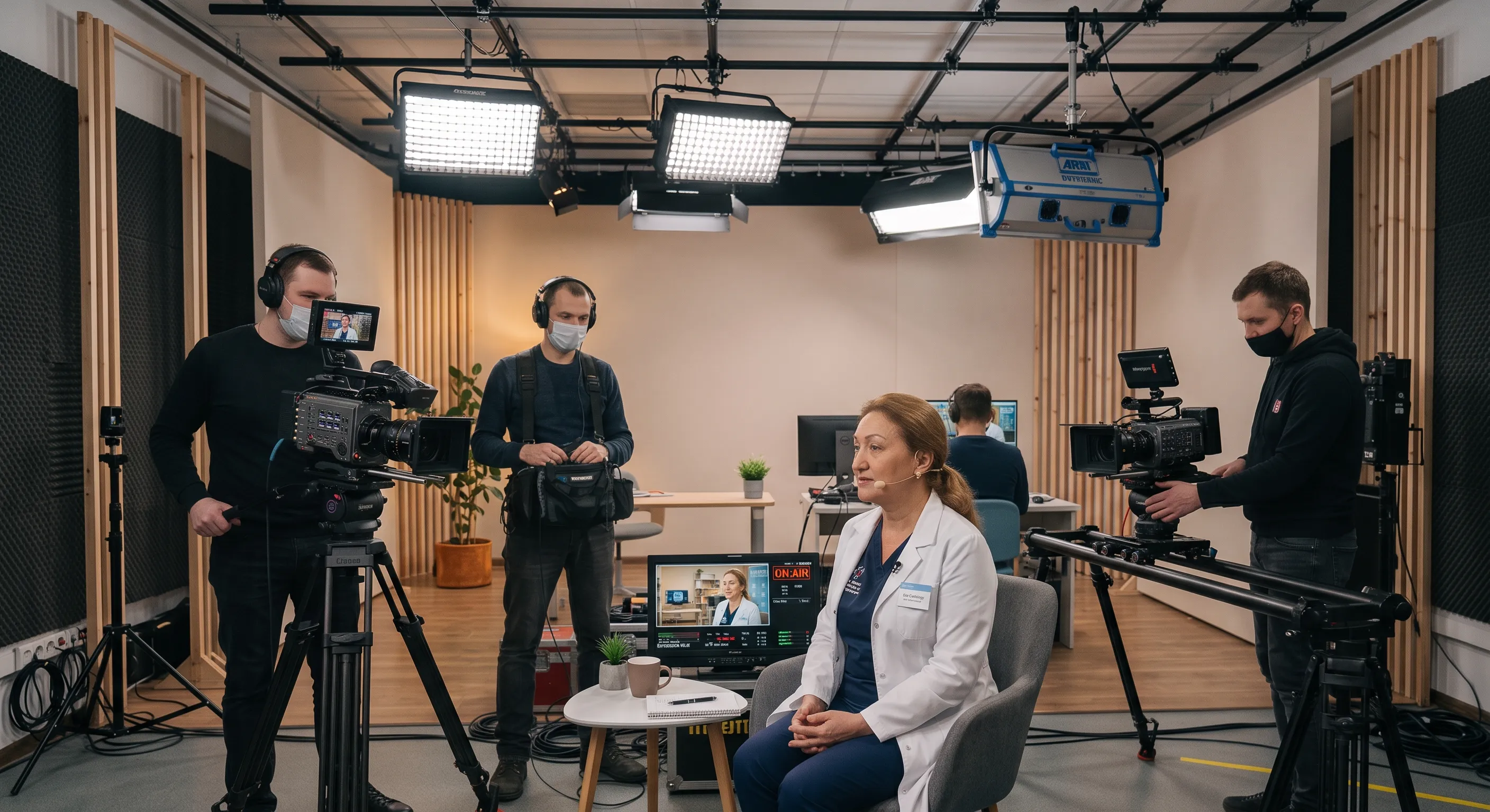 A female doctor sitting in a chair during a professional video shoot inside a film studio, surrounded by a production crew and lighting equipment.