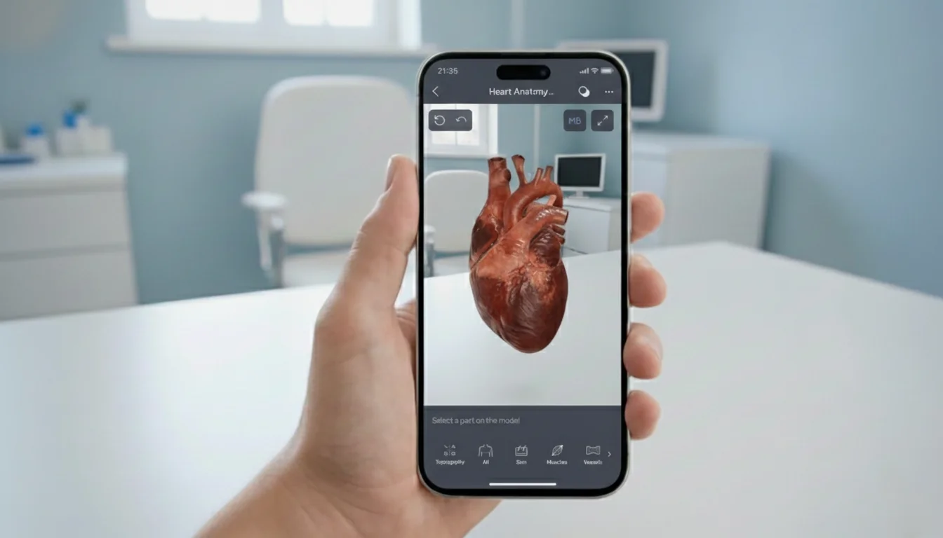 Vue rapprochée d'une main tenant un téléphone qui affiche un modèle 3D détaillé d'un cœur humain en mode AR.