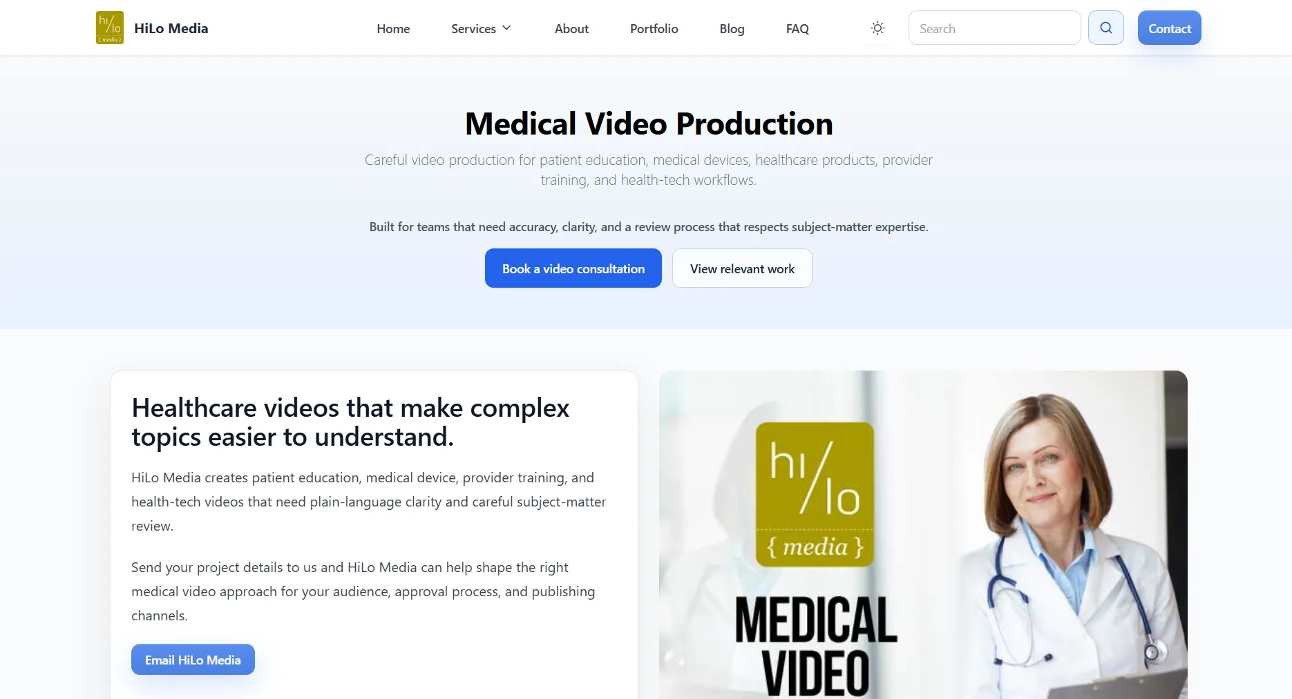 Startseite der HiLo Media-Website mit Angeboten zur Produktion medizinischer Videos für die Patientenaufklärung, medizinische Geräte und Workflows im Bereich Health-Tech.