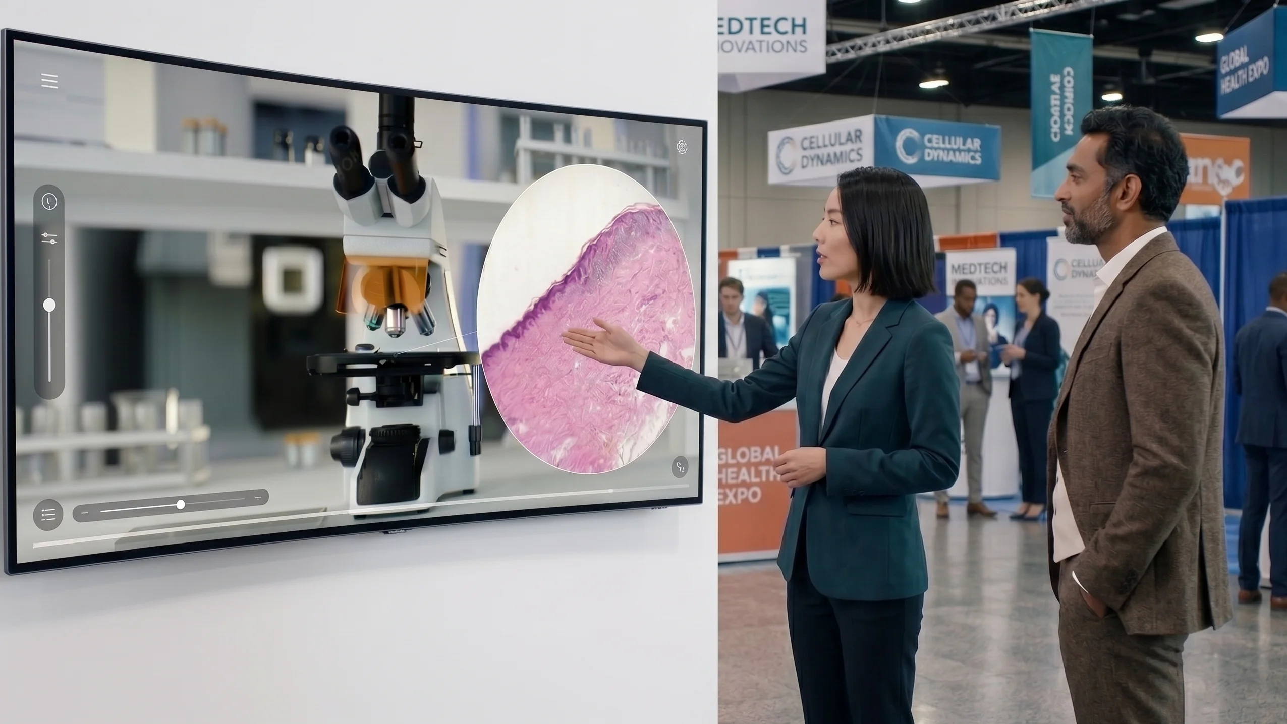 Ein Biotech-Spezialist präsentiert einem männlichen Investor eine medizinische 3D-Animation eines Mikroskops und einen kreisförmigen Ausschnitt einer rosa gefärbten Hautprobe auf einem großen, an der Wand montierten Bildschirm.