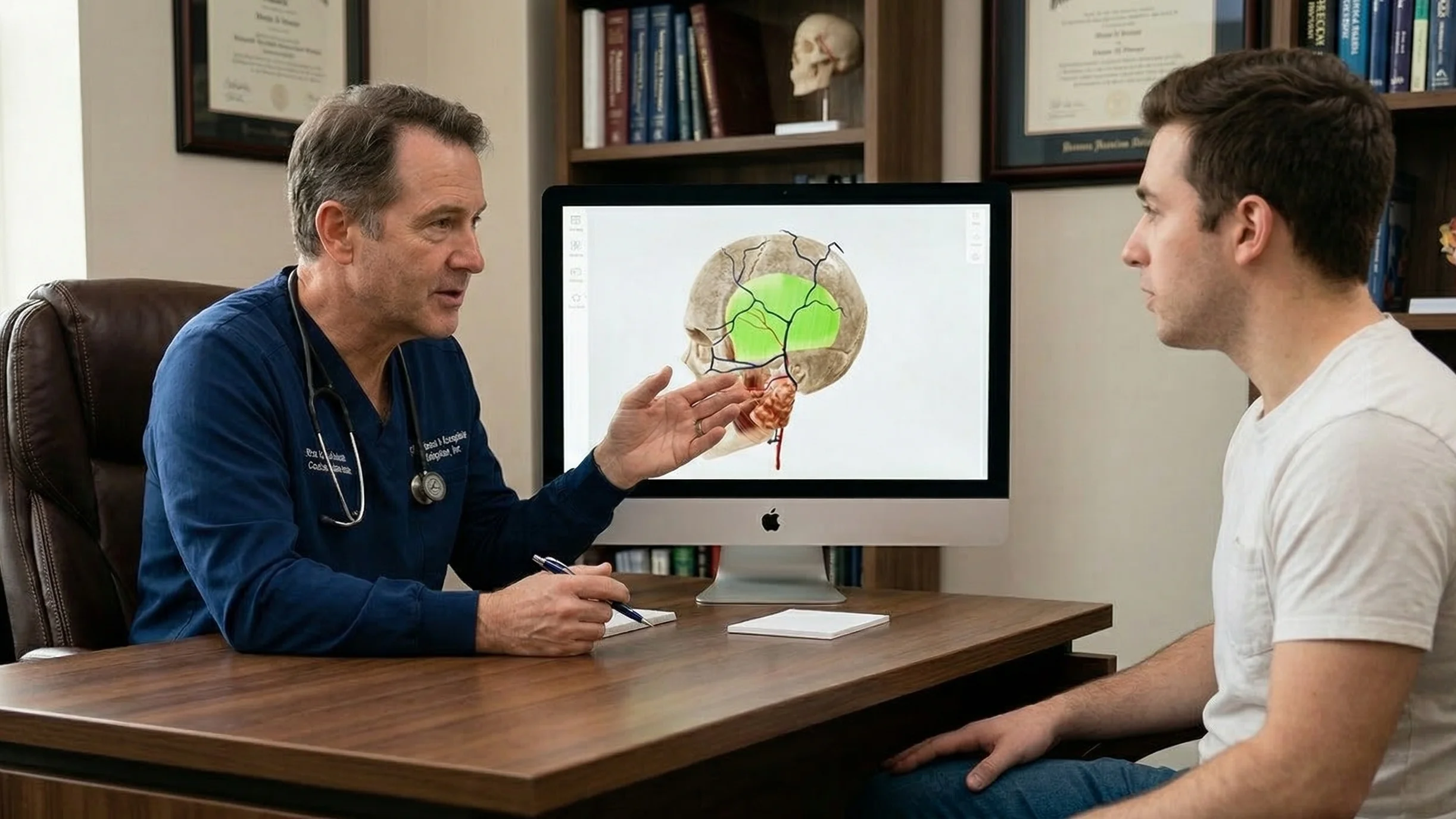 Un médecin en blouse bleue pointe du doigt un écran d'ordinateur affichant un modèle anatomique en 3D d'un crâne humain, tout en expliquant les détails à un jeune patient.