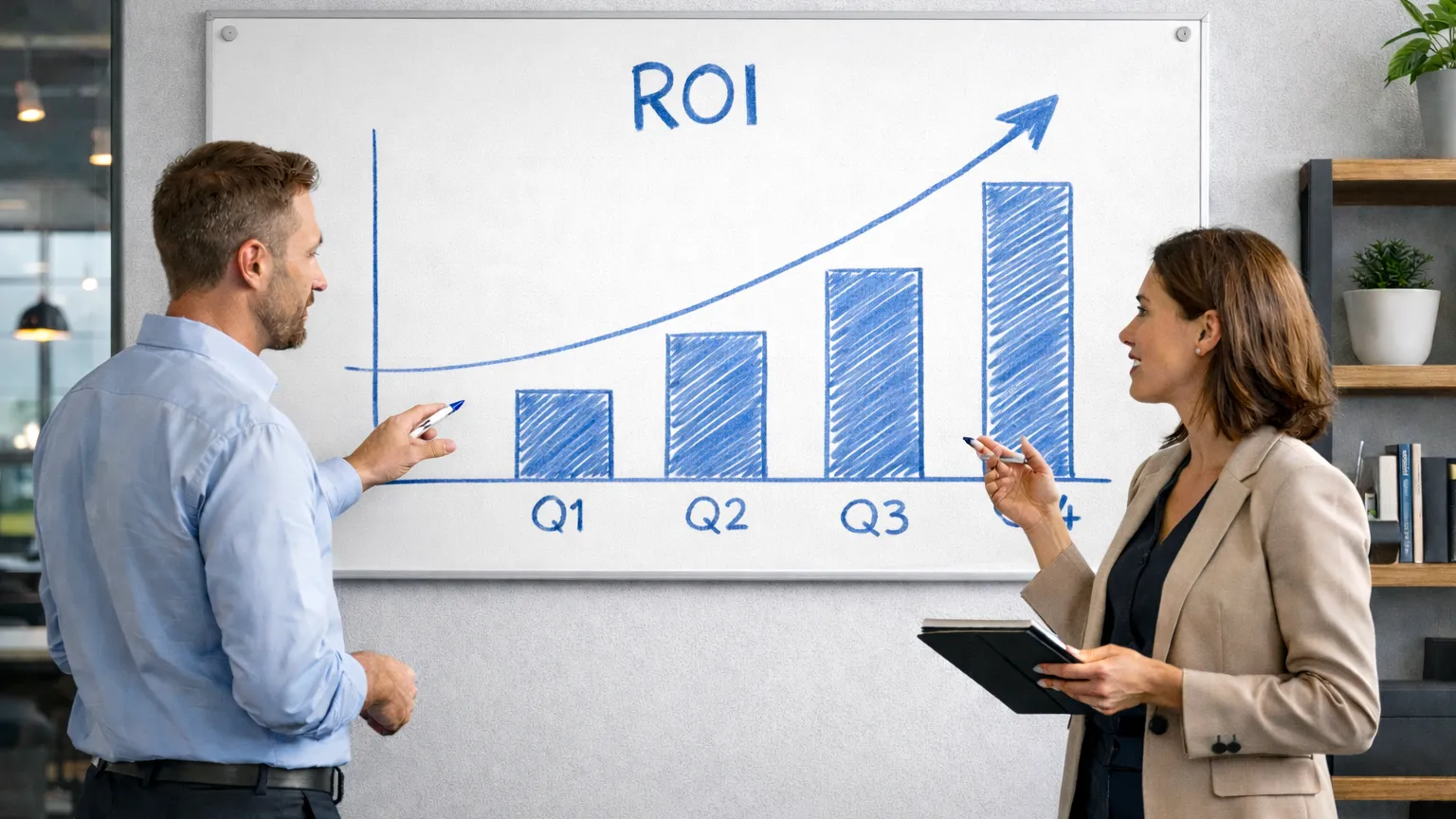 Two marketing professionals stand in a modern office in front of a large whiteboard where a medical animation ROI graph is drawn