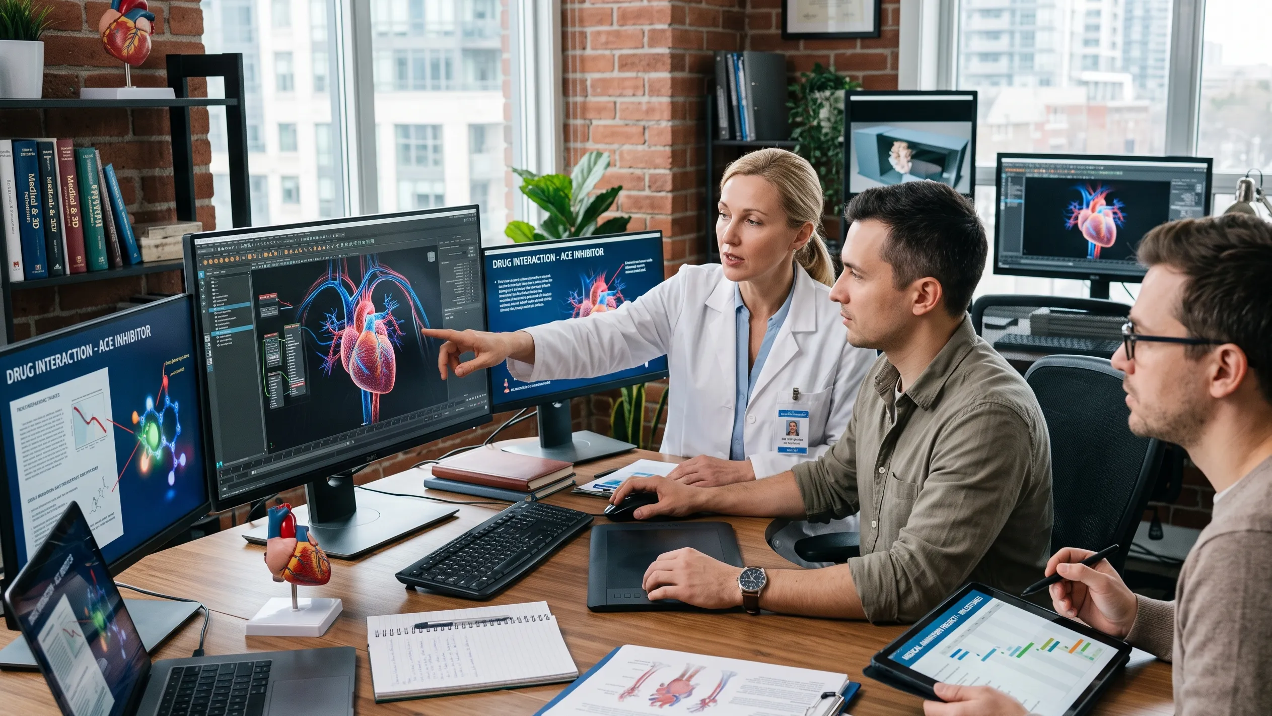 A team of a medical specialist, a 3D artist, and a pharma manager collaborate on creating a detailed 3D anatomical and drug interaction animation.