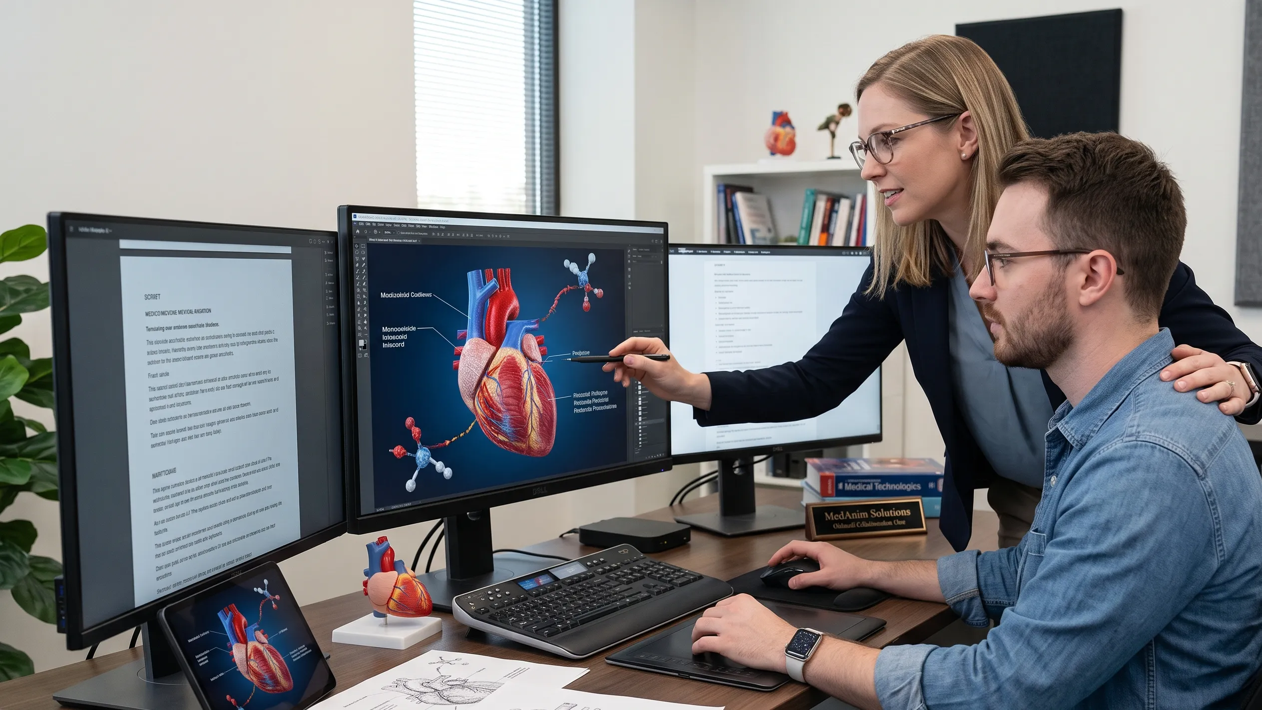 Un artista 3D e un medico specialista lavorano insieme a una scrivania dotata di più monitor, concentrandosi su un'animazione 3D di un cuore umano visualizzata sullo schermo centrale.