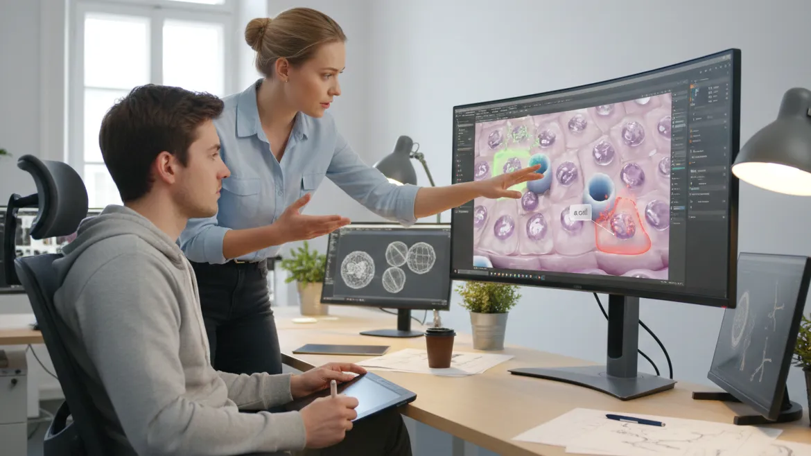 Deux animateurs professionnels travaillent dans un bureau moderne et lumineux sur une animation médicale en 3D. L'écran affiche un rendu 3D microscopique détaillé de cellules biologiques.