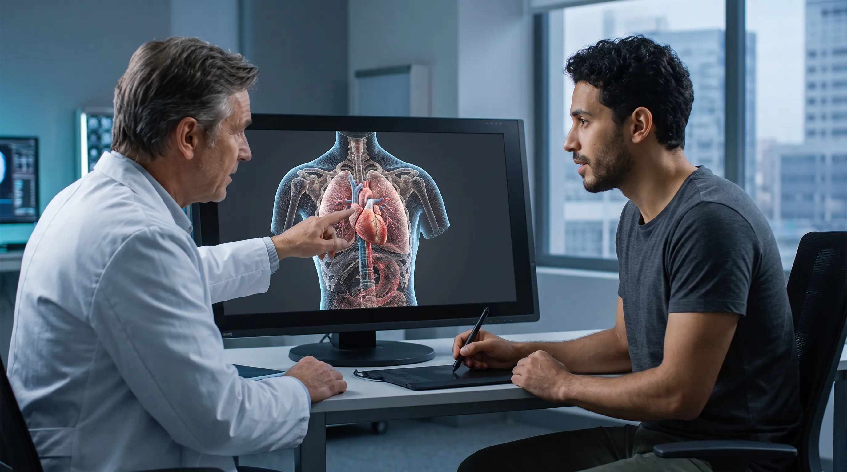 Ein Arzt in einem weißen Kittel zeigt auf ein medizinisches 3D-Modell eines menschlichen Oberkörpers auf einem Computerbildschirm, während er sich mit einem 3D-Künstler berät, der ihm gegenüber sitzt. 