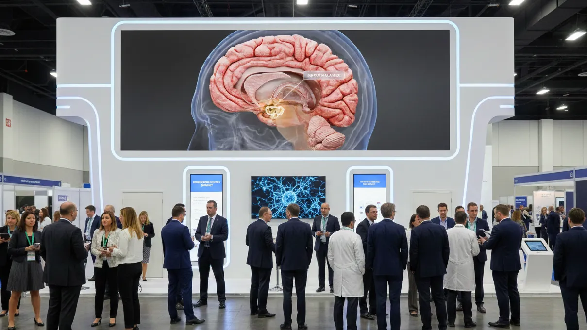 A large, futuristic white booth with a massive LED screen displays a detailed 3D anatomical animation of a human brain. A diverse group of professional attendees are gathered around the booth, engaged in networking
