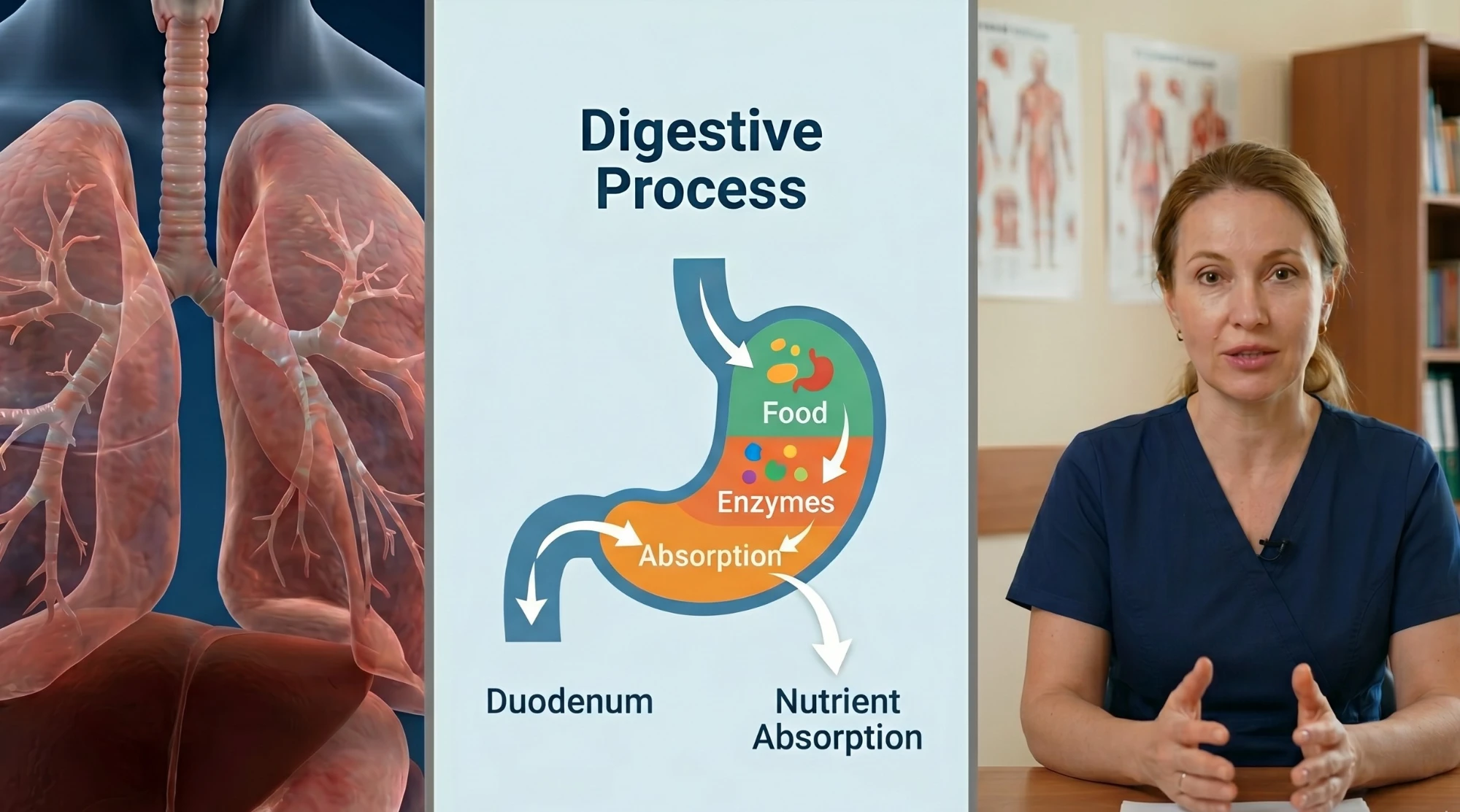A medical presentation layout divided into three equal vertical panels. The left panel shows a 3D model of human lungs. The center panel displays a 2D infographic diagram of the digestive process in the stomach. The right panel features a live-action shot of a female medical expert sitting at a desk. 