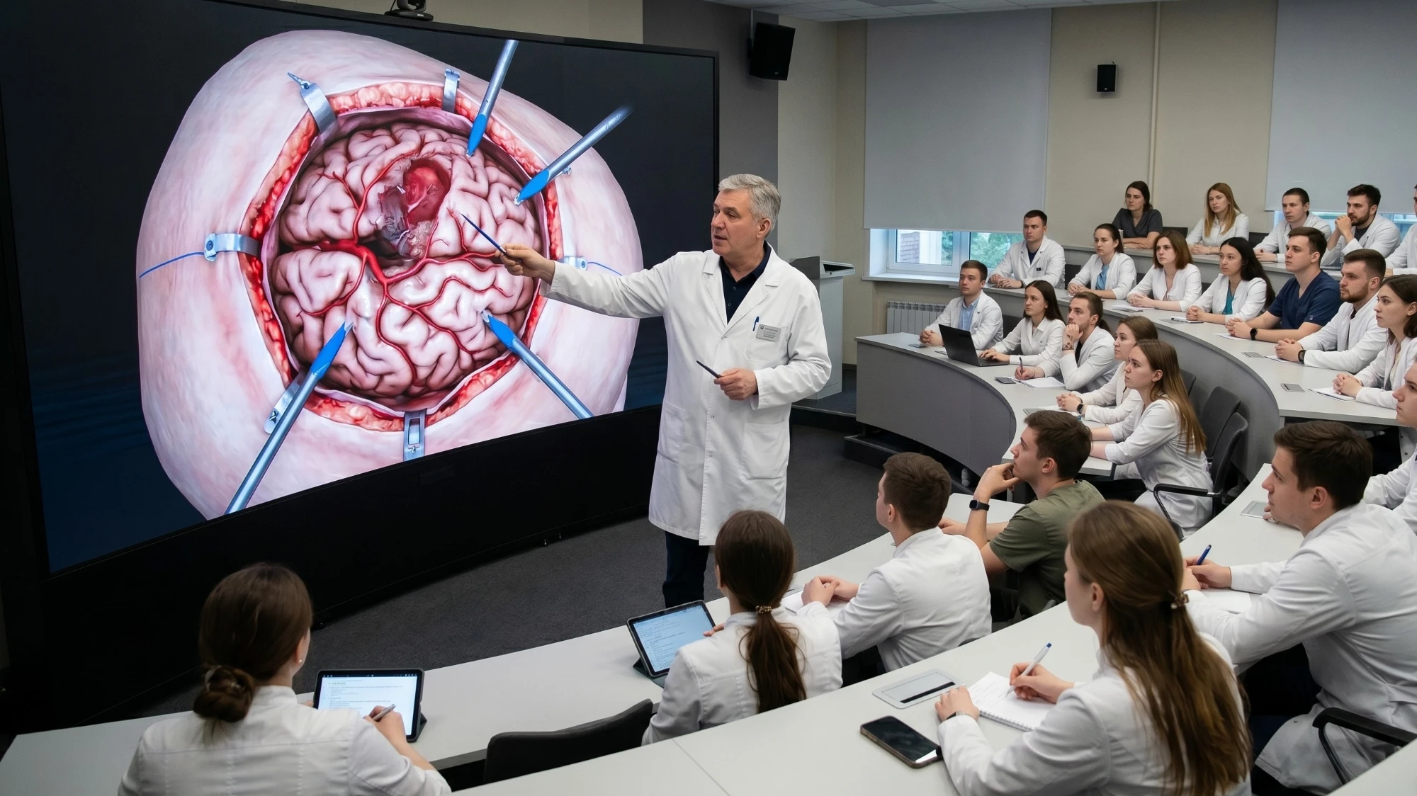 A medical professor stands in a lecture hall, pointing to a large digital screen displaying a 3D medical animation of an open-skull brain surgery. A class of medical students sits at curved desks, watching the presentation.