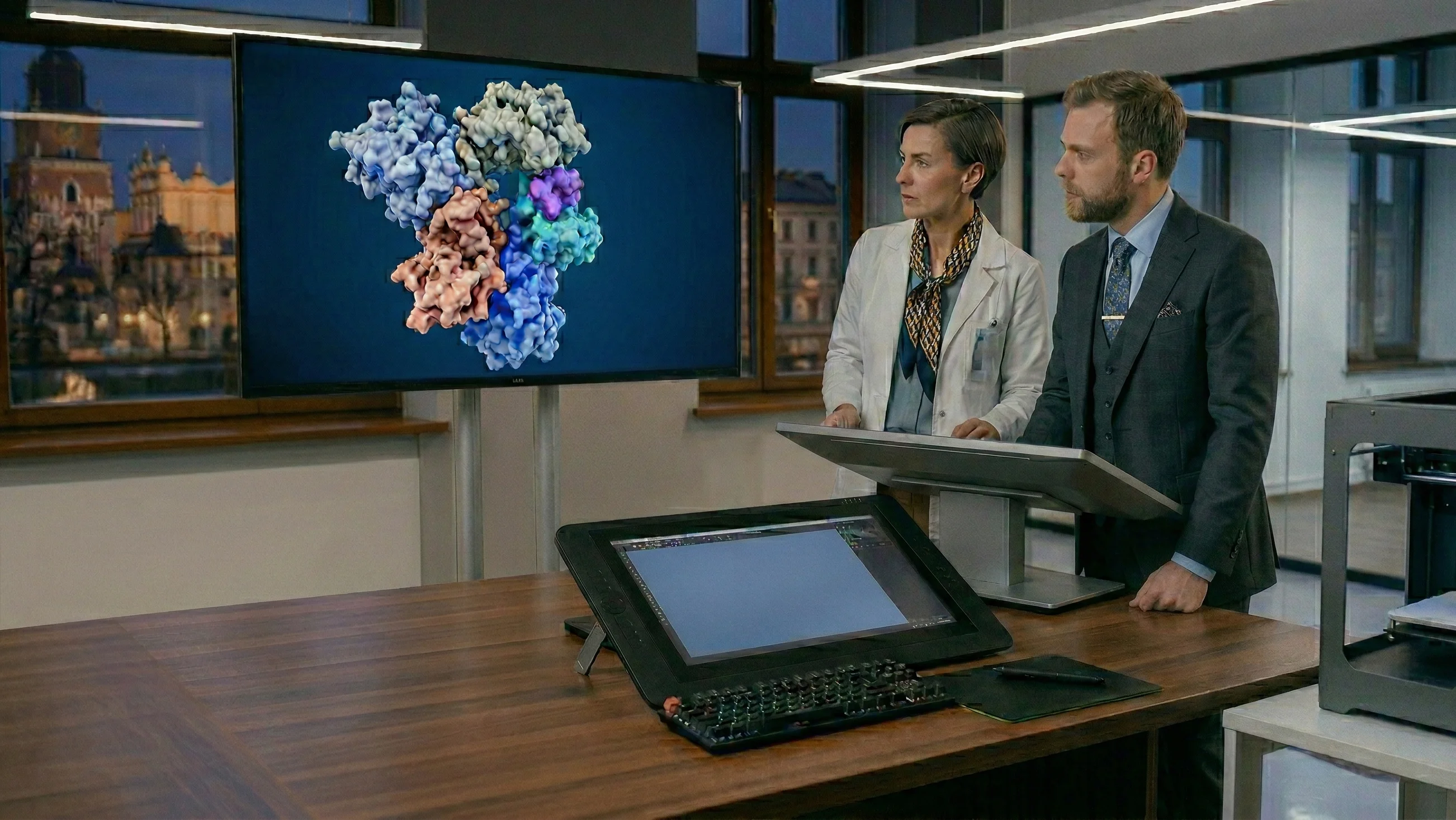 Ein medizinischer Spezialist in einem weißen Laborkittel und ein Investor in einem professionellen dunklen Anzug stehen in einem modernen Konferenzraum und diskutieren über einen komplexen molekularen Prozess, der auf einem großen Fernseher gezeigt wird