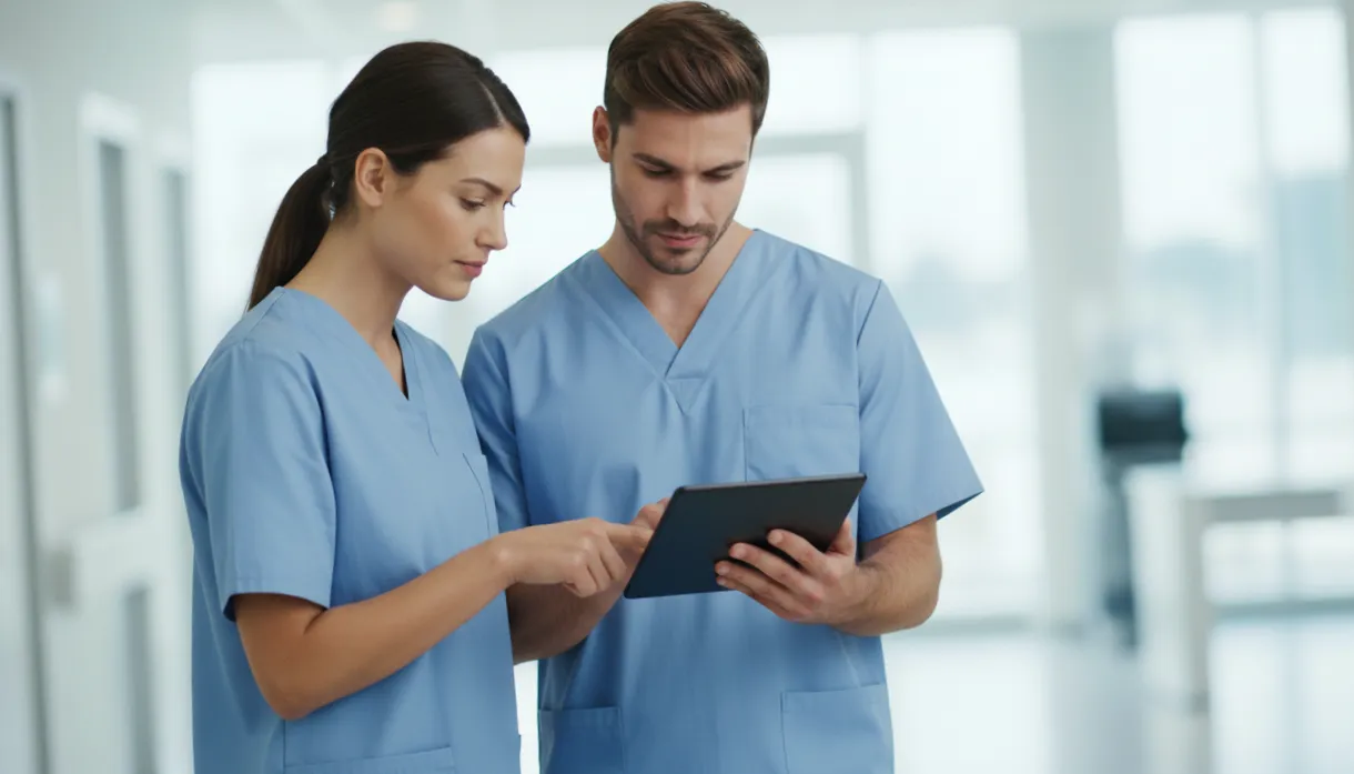 Male and female medical students collaborating on a tablet with a 3D anatomy app, showcasing teamwork, confidence, and successful anatomy & physiology learning.