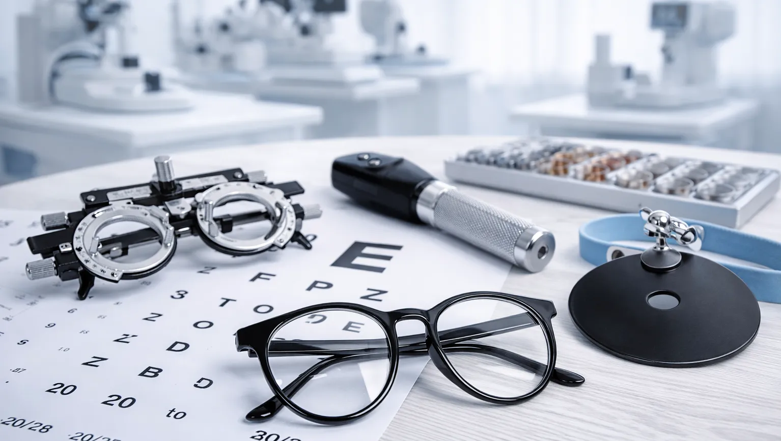 Primo piano di strumenti per l'esame oftalmologico posizionati su una tabella oculistica di Snellen, con attrezzature diagnostiche visibili sullo sfondo.
