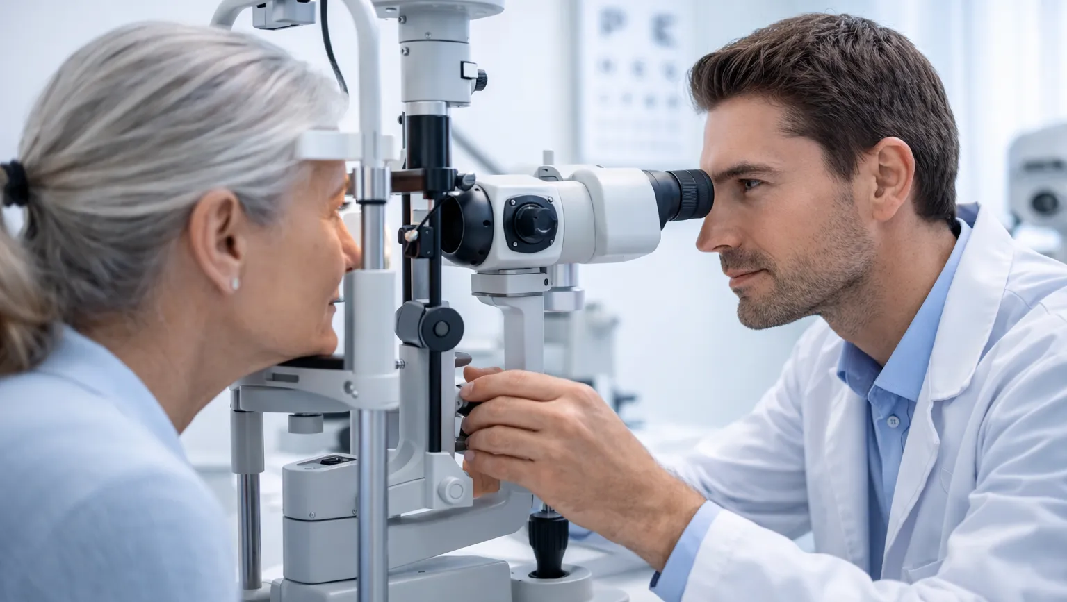 Un oftalmologo esamina l'occhio di un paziente con la lampada a fessura in una moderna e luminosa clinica oftalmologica.