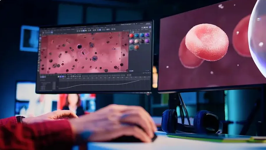 Primer plano en primera persona de las manos de un animador utilizando un ratón en un escritorio con dos monitores, en los que se muestra una animación médica en 3D de glóbulos rojos desplazándose por el torrente sanguíneo. 