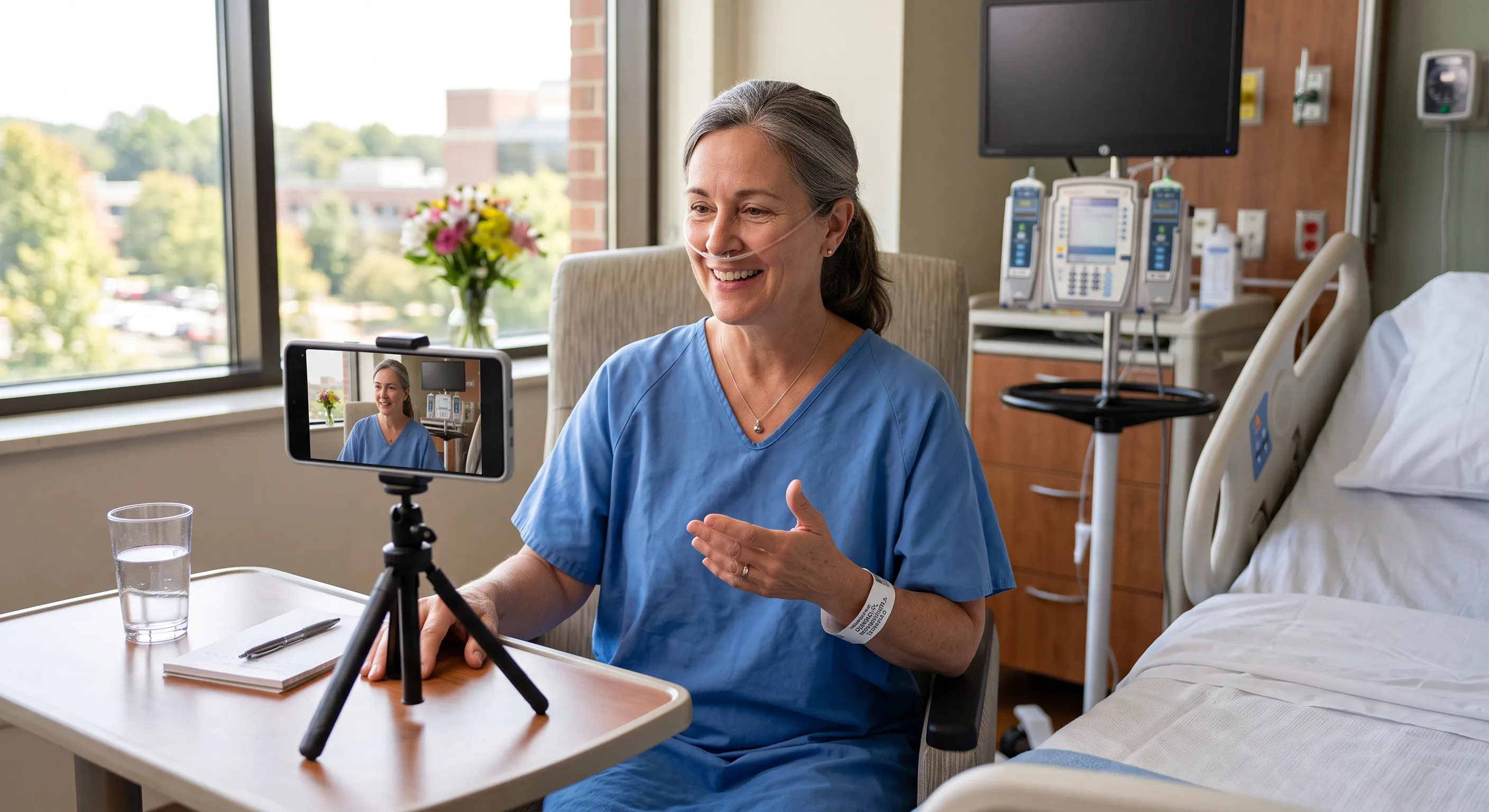 A smiling patient sitting in a hospital room, recording a video testimonial using a smartphone mounted on a mini tripod.