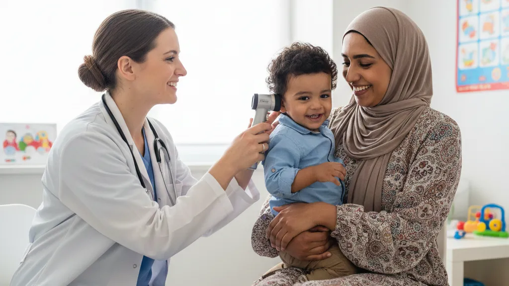 Un amable pediatra en un luminoso despacho revisa el oído de un niño con un otoscopio durante una consulta.