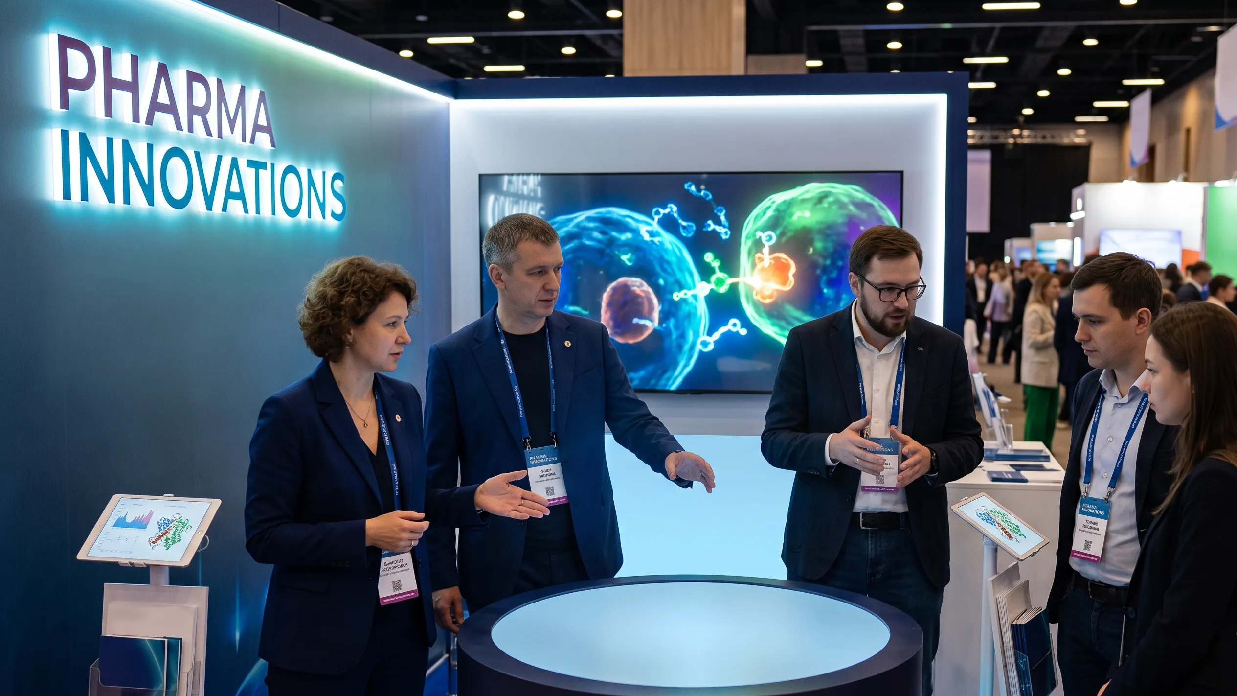 A group of pharma professionals stands in an event presentation booth, discussing a large digital screen displaying a 3D model of molecular structures and biological cells.