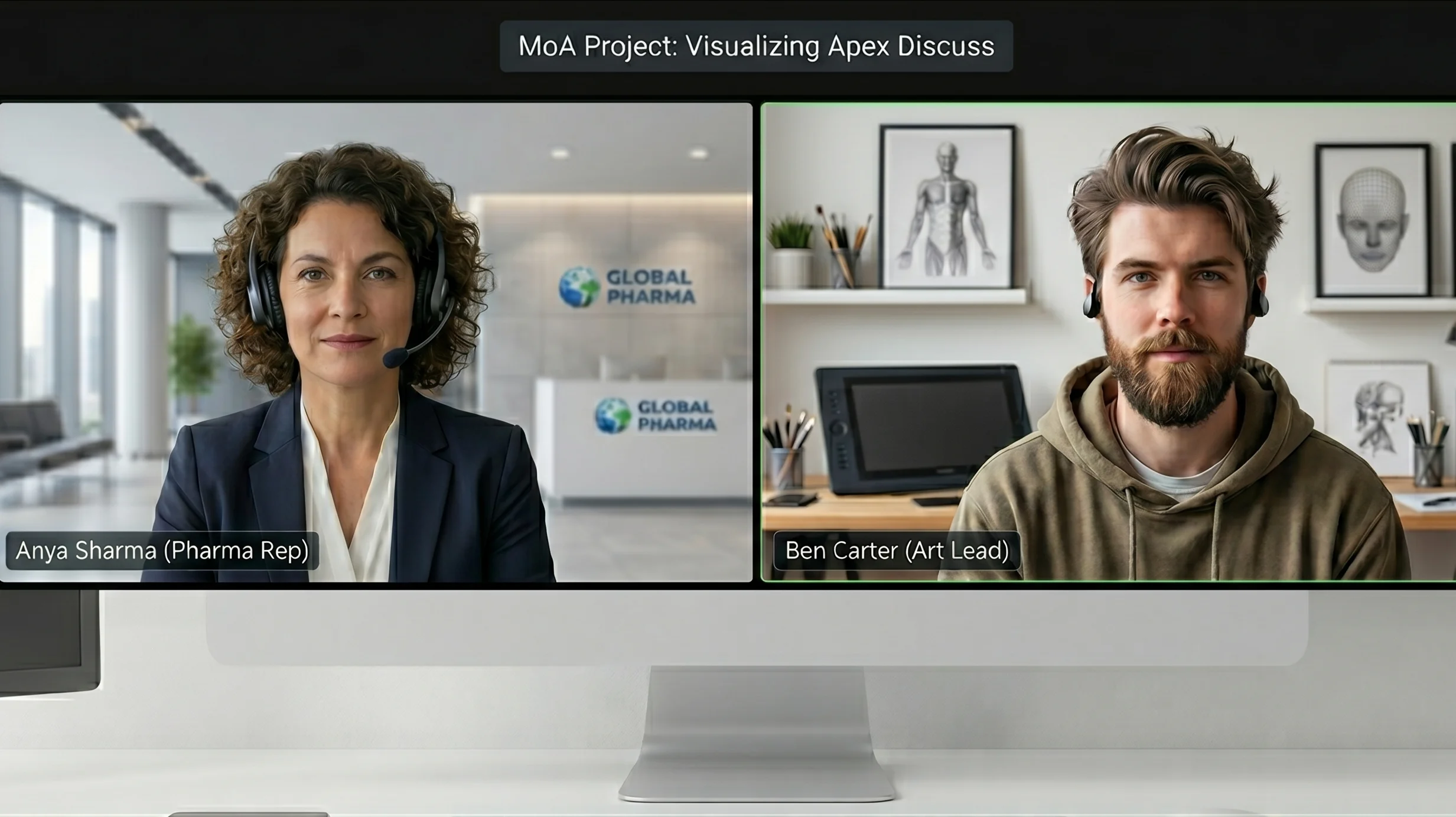 A split-screen Zoom video call between a female pharmaceutical company representative and a male art lead discussing a new MoA project.