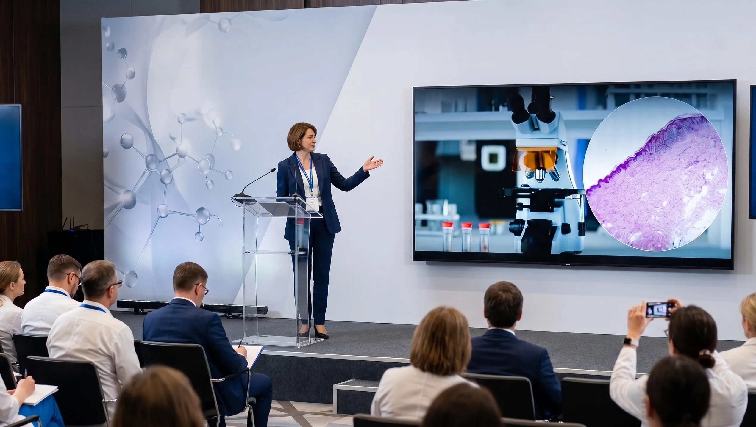 A pharma representative stands at a transparent podium on a stage during a medical conference, gesturing toward a large television screen. The screen displays a MoA animation showing a microscope next to a circular inset with a pink-toned histological tissue sample. An audience of professionals sits in rows in the foreground, facing the stage.