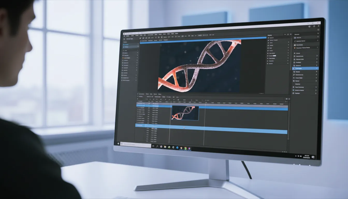 Un profesional creativo sentado en un escritorio utiliza un programa de edición de vídeo para perfeccionar una animación en 3D de una hélice de ADN en un gran monitor, lo que ilustra el proceso técnico especializado que implica la producción de vídeo farmacéutico y la visualización científica.