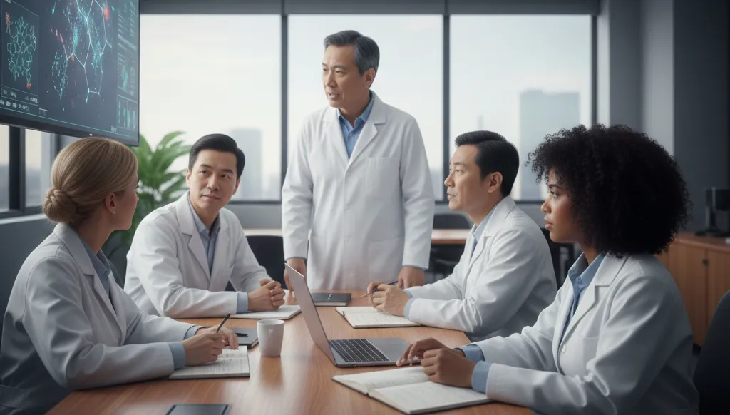 Ein bunt gemischtes Team von fünf Pharmawissenschaftlern tagt in einem modernen Konferenzraum und bespricht Daten, die auf einem großen Wandmonitor angezeigt werden.