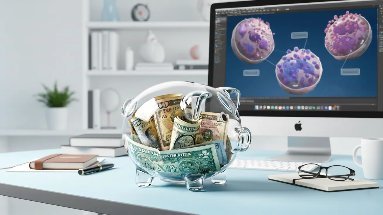 Une tirelire en verre remplie d'argent sur un bureau moderne. En arrière-plan, un écran d'ordinateur affiche une animation médicale en 3D de cellules dans un studio d'animation médicale professionnel et lumineux.