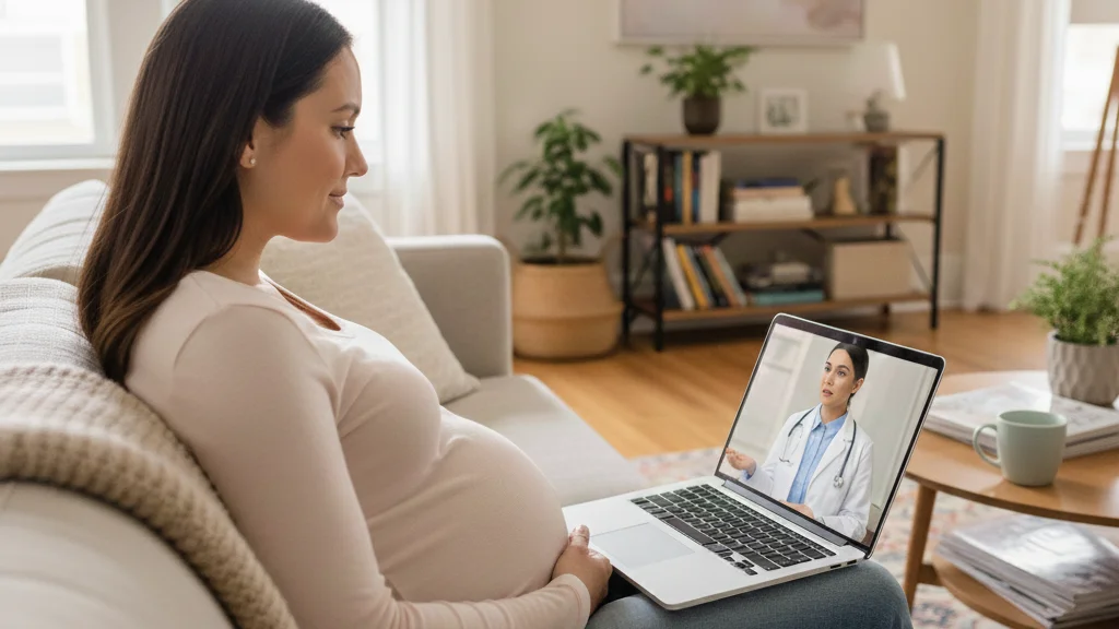 Une femme enceinte assise sur le canapé d'un salon regarde un écran d'ordinateur portable sur lequel se déroule une consultation vidéo avec un médecin.