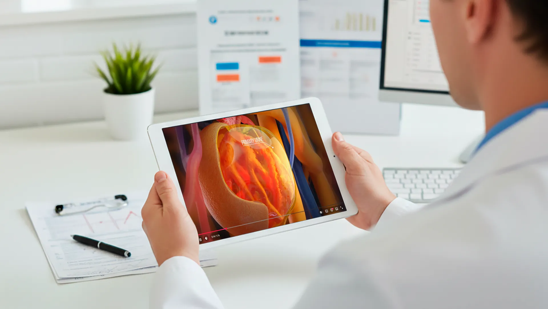 Blick über die Schulter auf eine Person in einem weißen Laborkittel, die ein weißes Tablet hält. Auf dem Bildschirm des Tablets ist eine medizinische 3D-Animation einer biologischen Struktur zu sehen, mit einer Abspieltaste und einem Fortschrittsbalken am unteren Rand. 