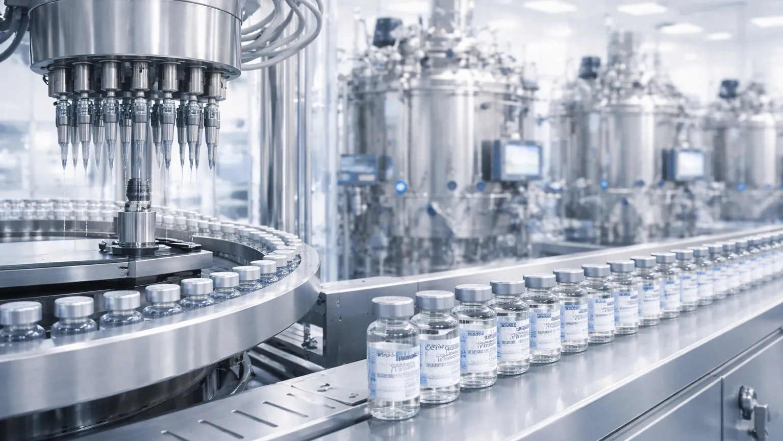 Un'apparecchiatura automatizzata per la produzione di vaccini riempie e sigilla fiale di vetro su un nastro trasportatore all'interno di uno stabilimento farmaceutico luminoso e sterile.