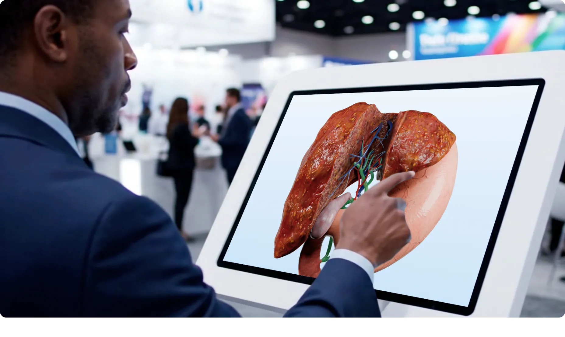 Eine Person interagiert mit einem Tablet, auf dem die App Voka 3D Anatomy & Pathology läuft, und betrachtet ein detailliertes 3D-Lebermodell mit sichtbaren Gefäßen und Gallengängen