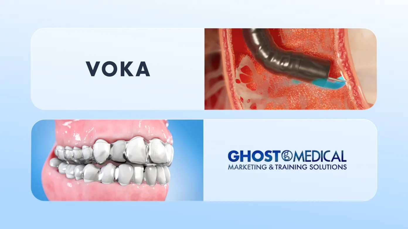 Una vista a confronto che mostra la simulazione realistica della procedura endoscopica di VOKA sopra il modello dentale 3D di Ghost Medical, illustra le diverse capacità di animazione e gli stili visivi offerti da ciascuna azienda.