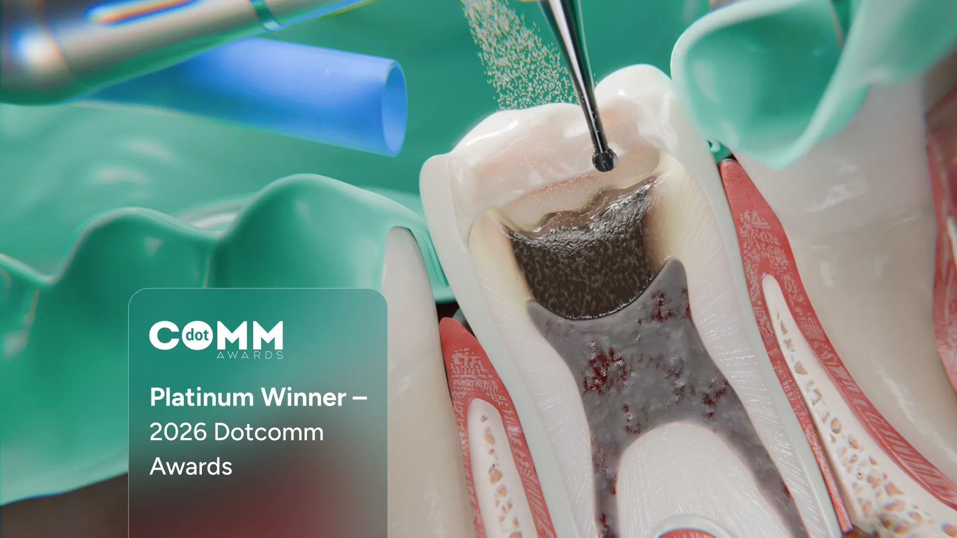 A 3D medical animation showing a cross-section of a tooth during a root canal treatment, displaying a Platinum Winner badge for VOKA's project at the 2026 dotCOMM Awards. 