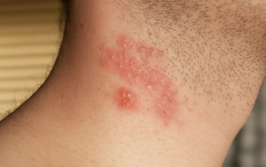 Герпес гладиаторов (Herpes gladiatorum) на коже боковой поверхности шеи: характерные сгруппированные прозрачные везикулы на гипермированном фоне