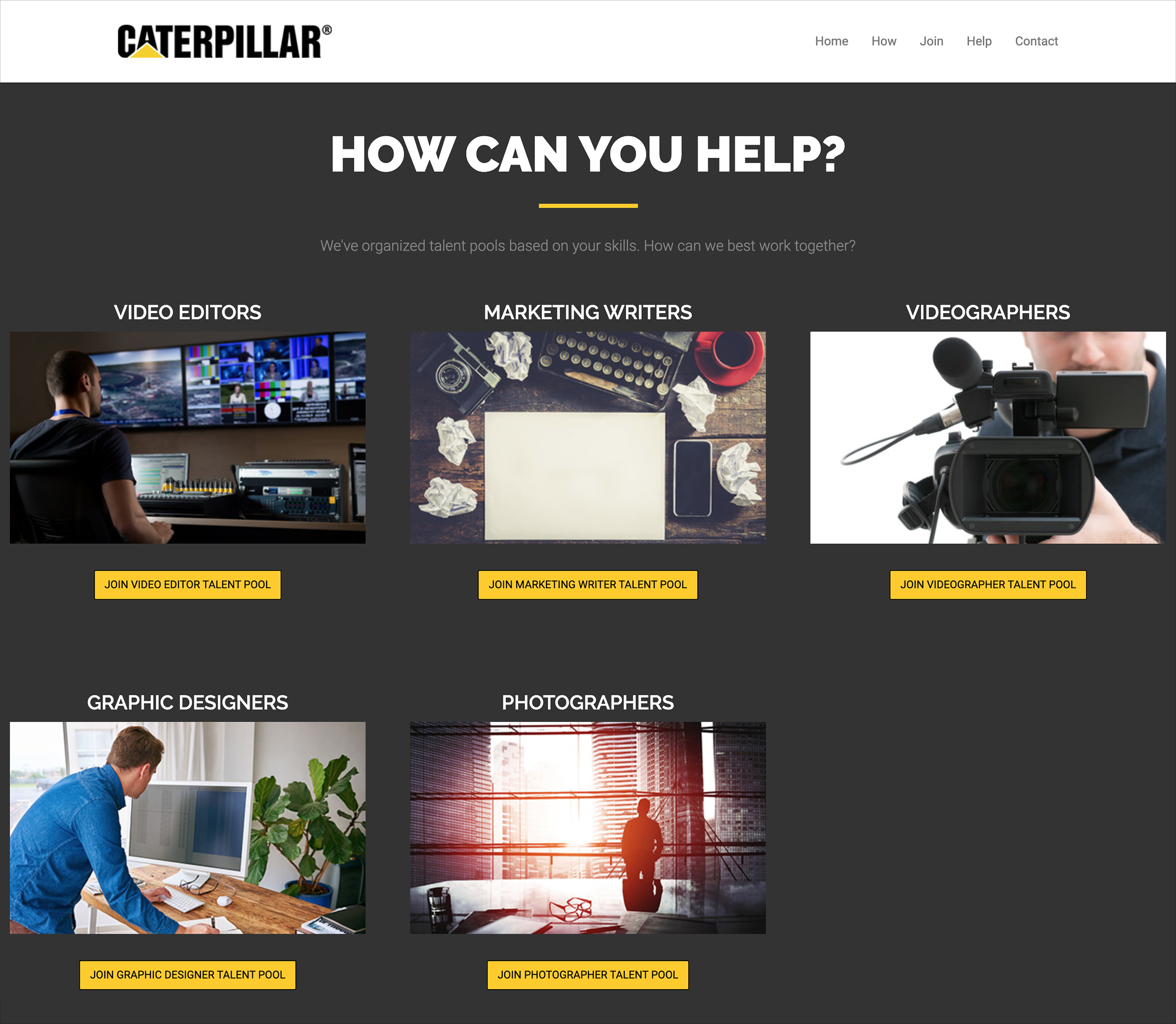 Caterpillar’s website displays its range of talent communities based on the skills of candidates.