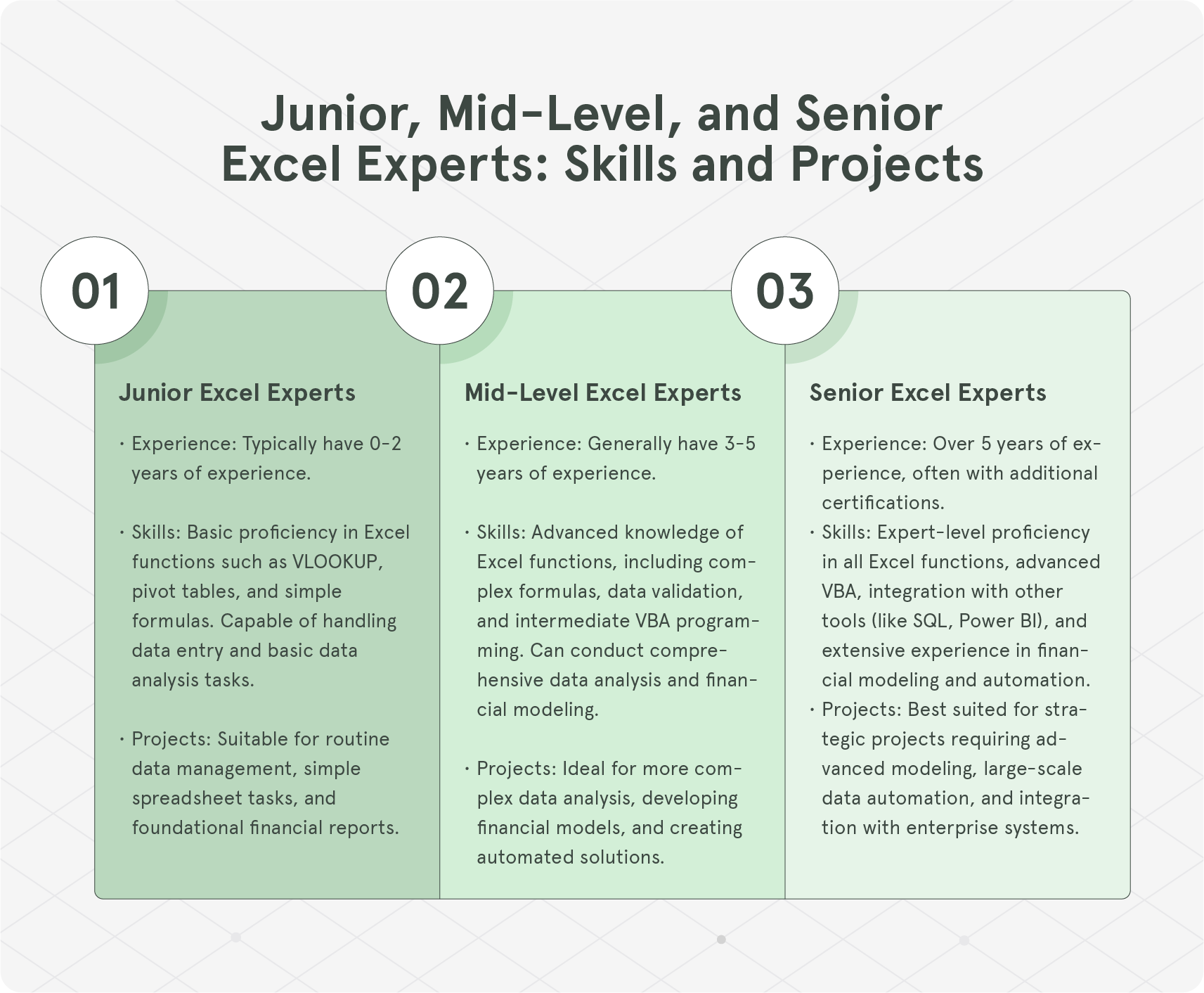 Excel experts skills of Junior, Mid-Level, and Senior levels