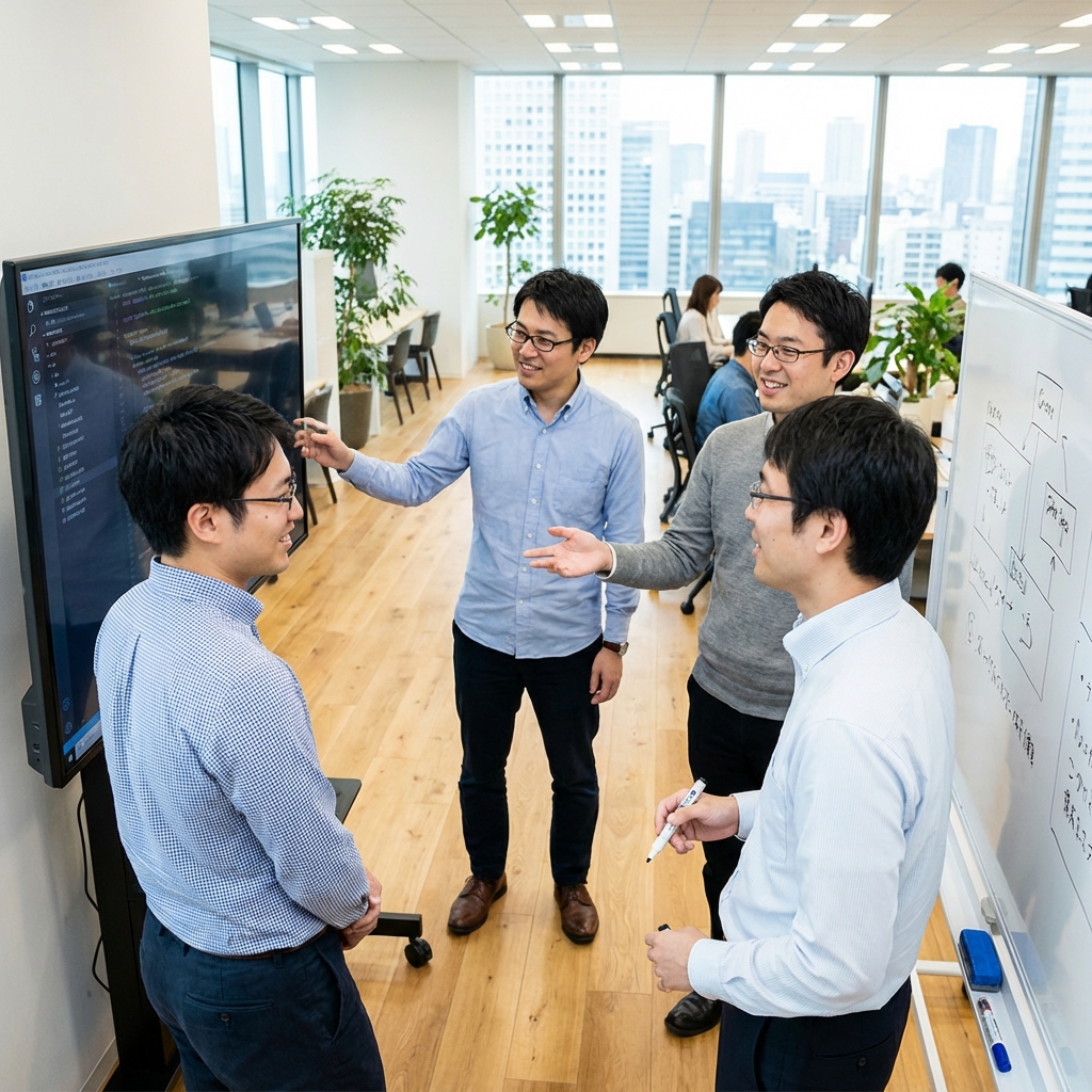 開放的なオフィスでディスカッションを行う開発チームの様子