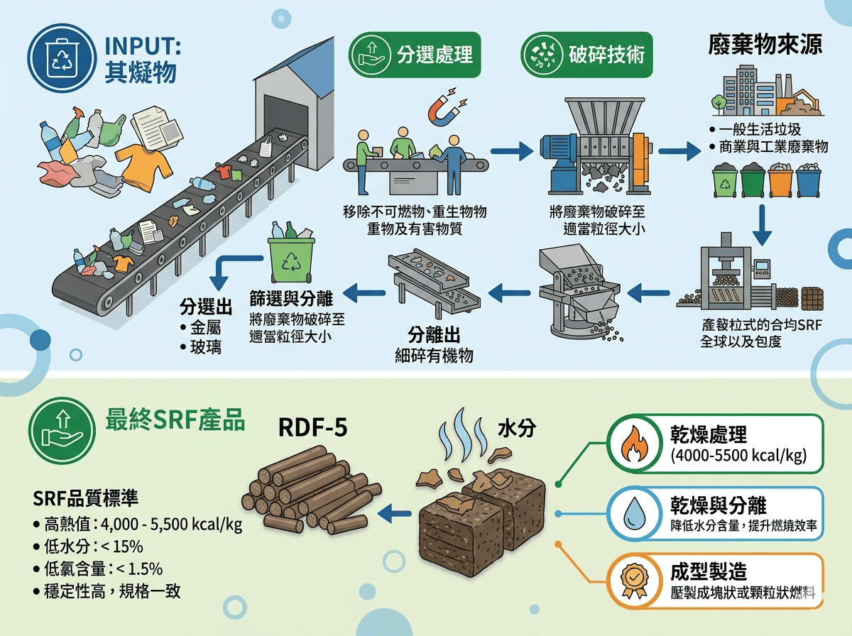 SRF固體再生燃料製程設備與廢棄物處理流程示意圖