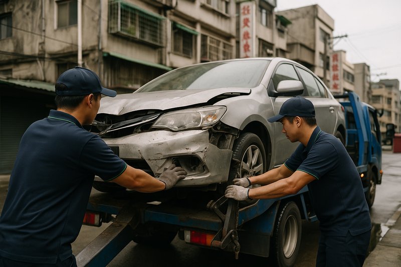 專業拖車服務示意圖，展示回收商拖吊泡水車的過程