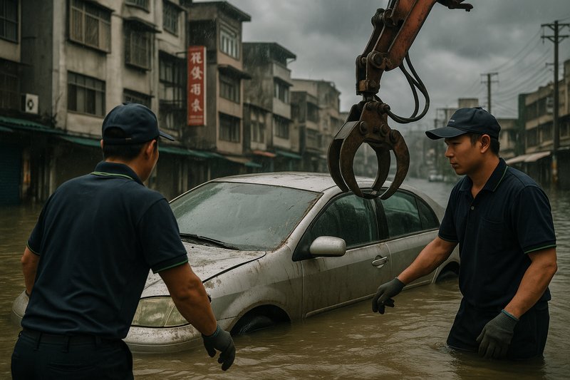颱風過後淹水的泡水車示意圖，展示車輛受損情況
