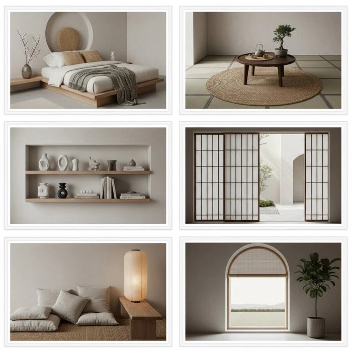 Illustration of Living Room in Japandi design