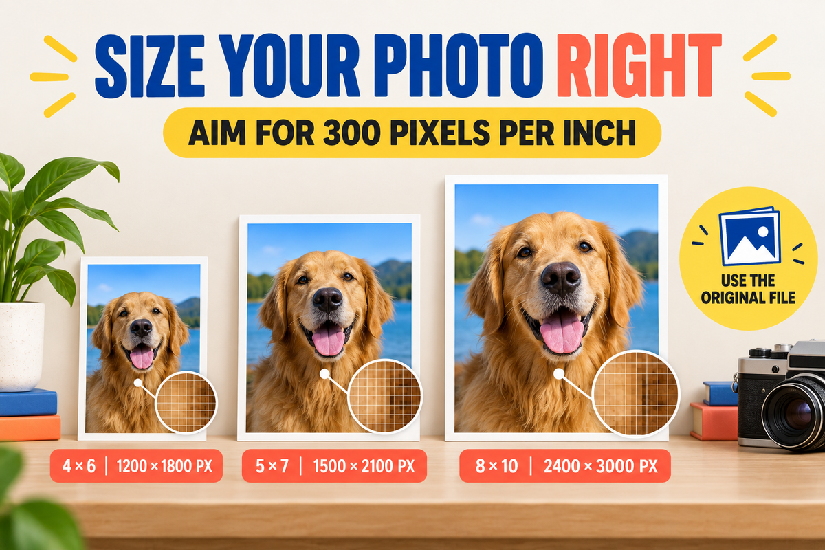 Photo print size and resolution guide for 4 by 6, 5 by 7, and 8 by 10 prints with recommended pixel dimensions