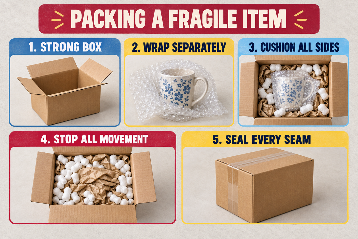 Five-step fragile item packing method showing a strong box, individual wrapping, cushioning on every side, no movement, and secure H-taping