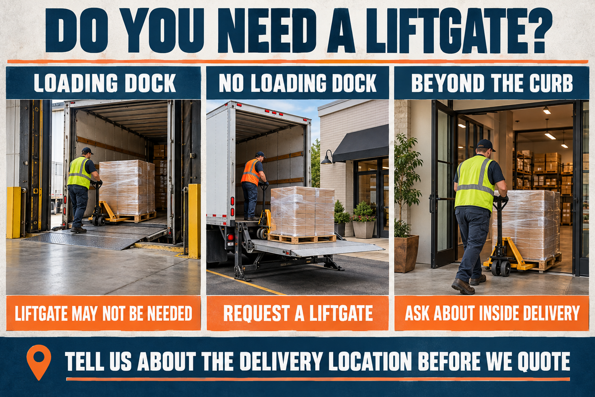 Three panel guide explaining when a loading dock, liftgate, or inside delivery may be needed