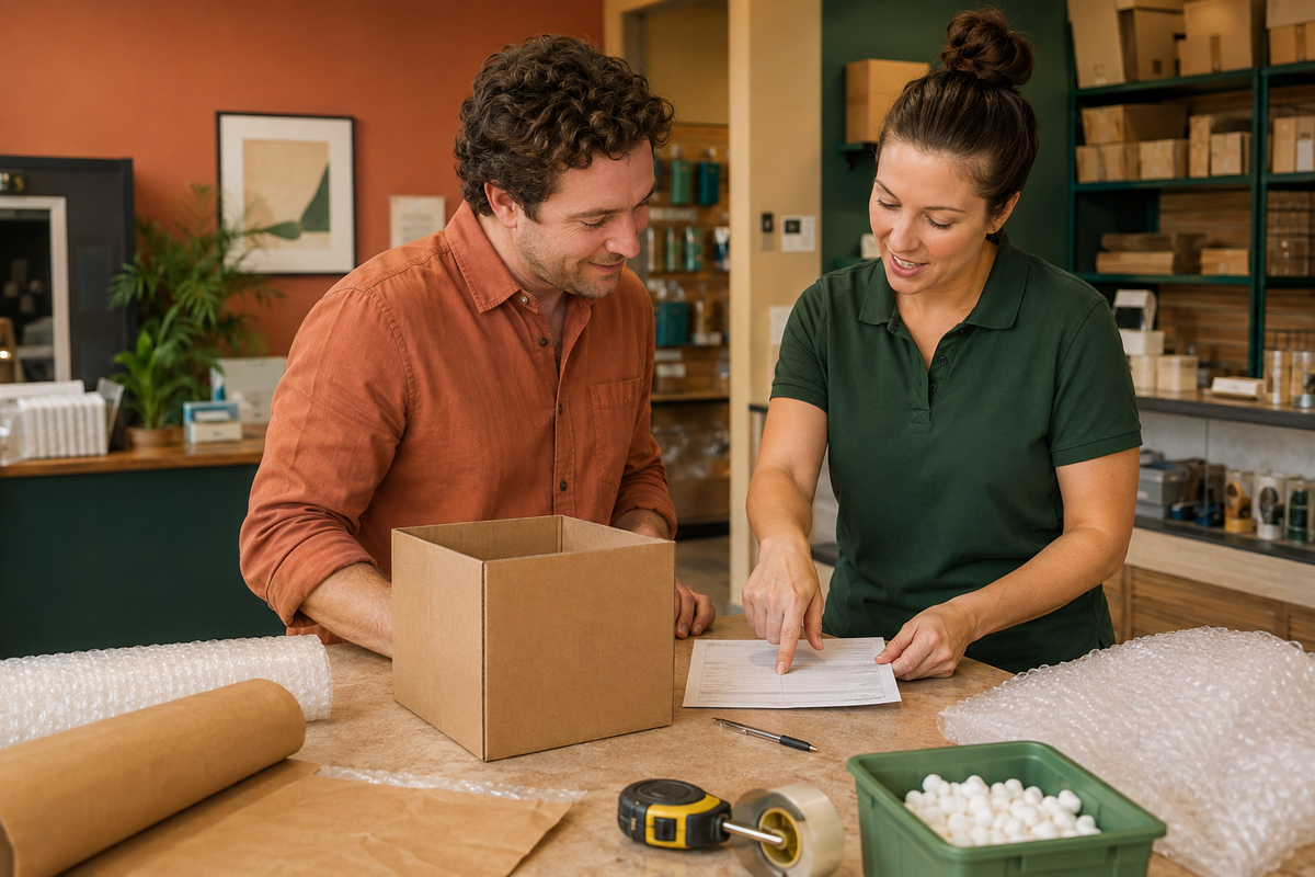 Customer and shipping specialist reviewing a regular cardboard package, item list, customs form, and measuring tape at a service counter