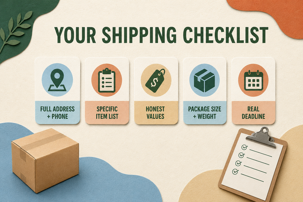 International shipping preparation checklist showing recipient details, item descriptions, values, package size, and deadline