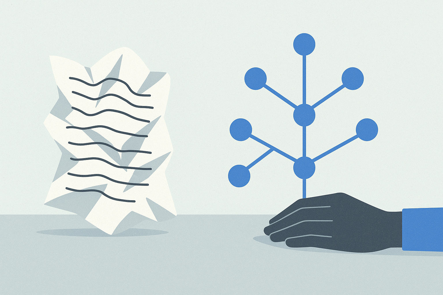 Crumpled script beside a neat branching framework diagram on a desk