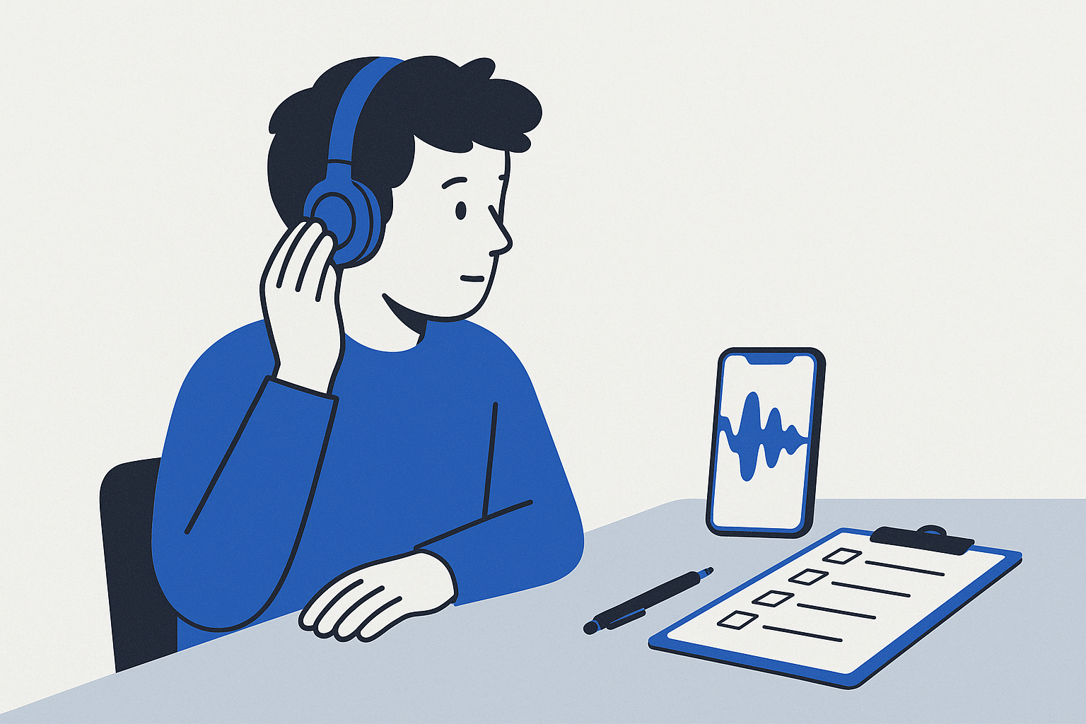 Student with headphones reviewing a recording, clipboard of tick boxes at their side
