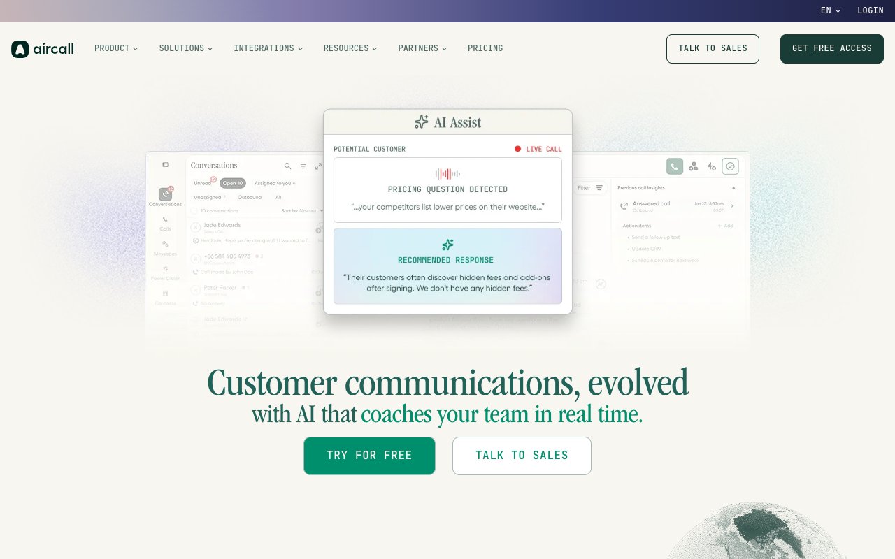 Aircall homepage showing its AI Assist call view, captured October 2026