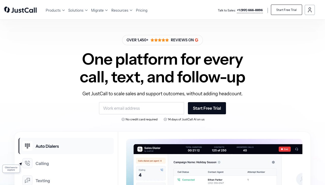 JustCall homepage with its sales dialer, captured October 2026