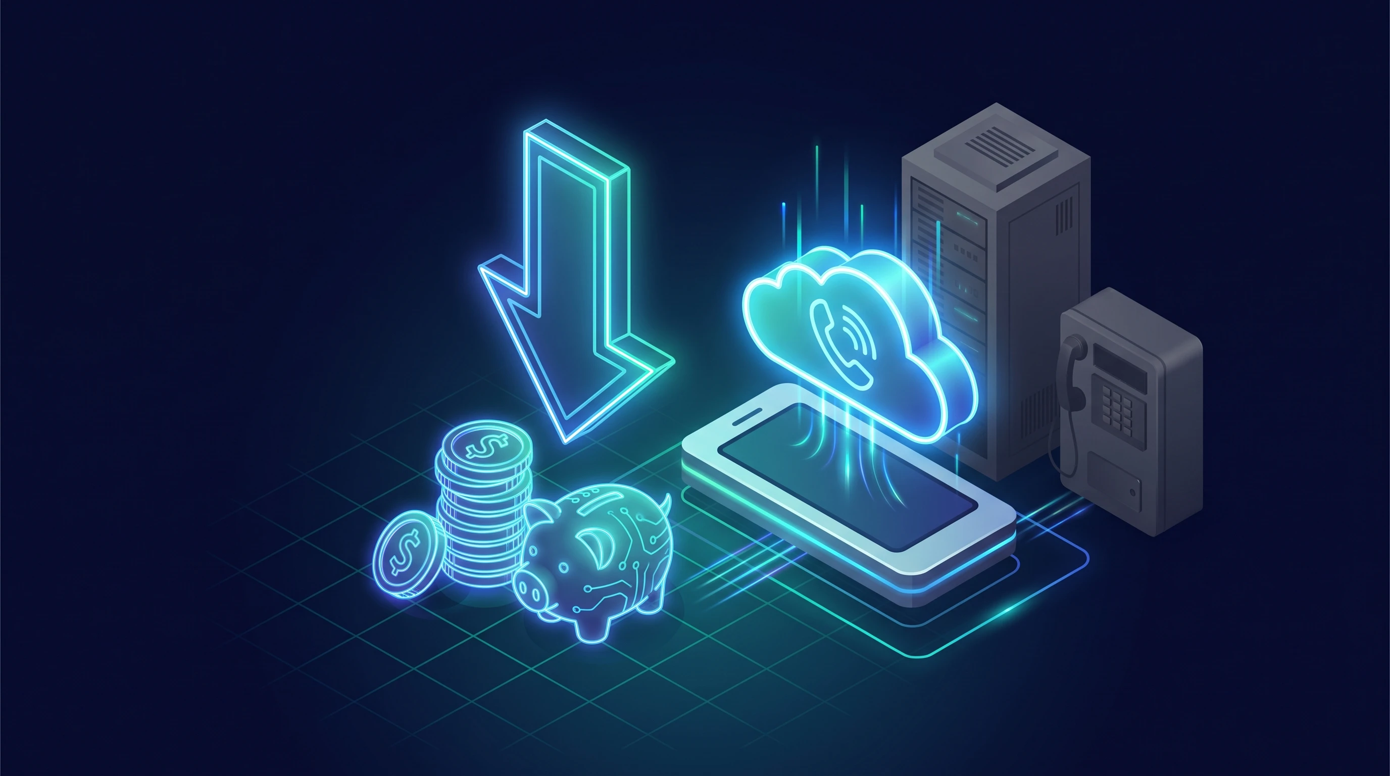 Ilustración isométrica del ahorro de costos con VoIP para una empresa